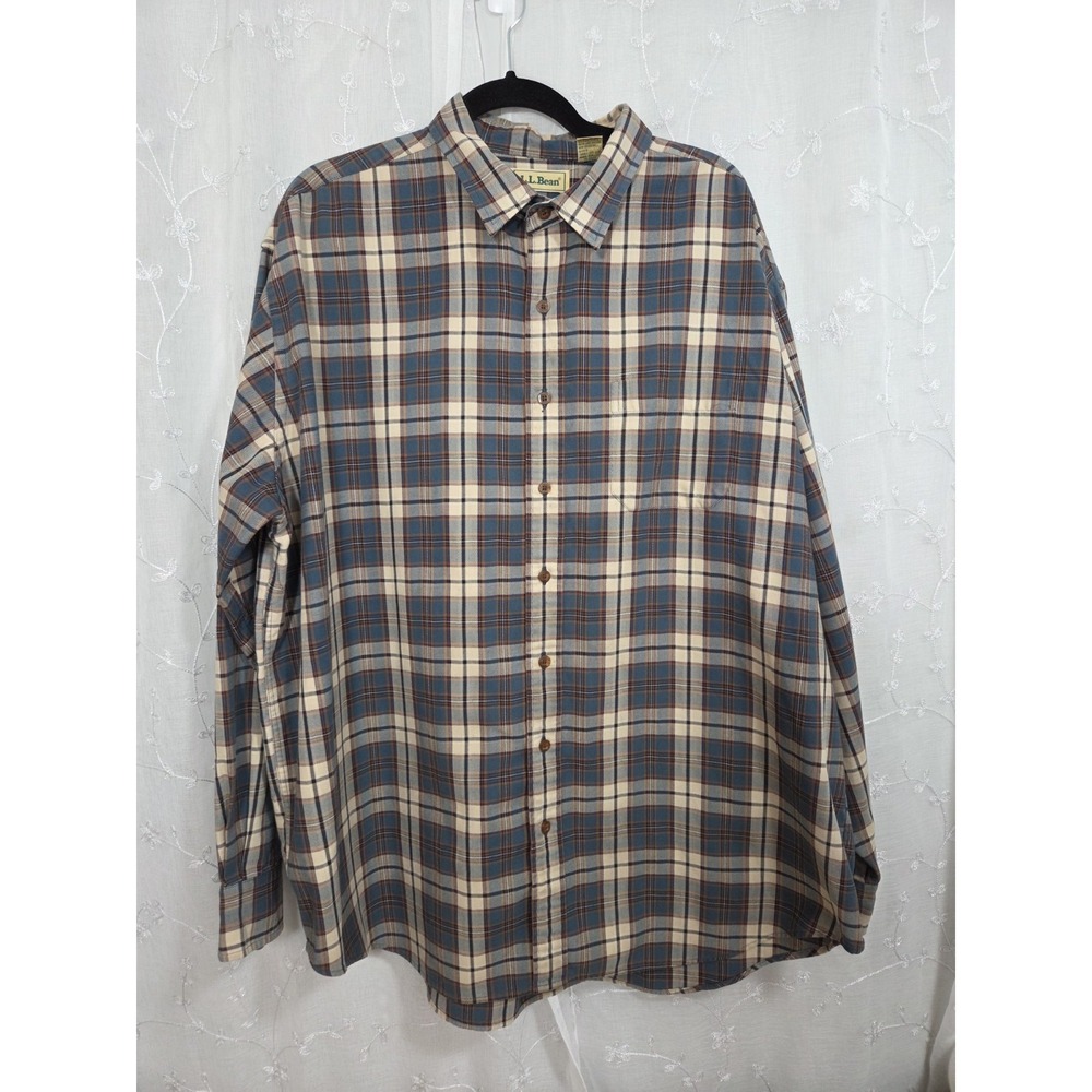 LL Bean Blue Tan Plaid Long Sleeve Button Shirt Med Weight 2XL‎ Tall
